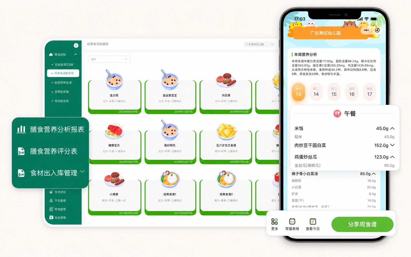 睿莱营养膳食管理平台电脑端界面与幼儿园小程序真实产品组合图